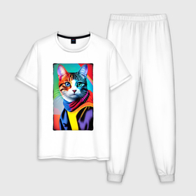Мужская пижама хлопок с принтом Котик с разными по цвету глазами   поп арт в Санкт-Петербурге, 100% хлопок | брюки и футболка прямого кроя, без карманов, на брюках мягкая резинка на поясе и по низу штанин
 | 