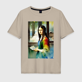 Мужская футболка хлопок Oversize с принтом Мона Лиза в библиотеке   нейросеть   акварель , 100% хлопок | свободный крой, круглый ворот, “спинка” длиннее передней части | 
