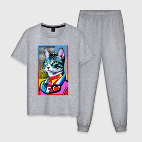 Мужская пижама хлопок с принтом Стильный кот   поп арт в Курске, 100% хлопок | брюки и футболка прямого кроя, без карманов, на брюках мягкая резинка на поясе и по низу штанин
 | 