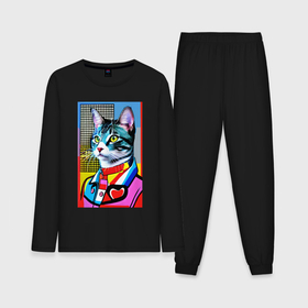 Мужская пижама с лонгсливом хлопок с принтом Стильный кот   поп арт в Курске,  |  | Тематика изображения на принте: 