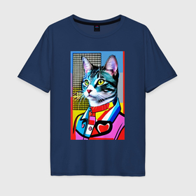 Мужская футболка хлопок Oversize с принтом Стильный кот   поп арт в Курске, 100% хлопок | свободный крой, круглый ворот, “спинка” длиннее передней части | 