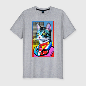 Мужская футболка хлопок Slim с принтом Стильный кот   поп арт в Курске, 92% хлопок, 8% лайкра | приталенный силуэт, круглый вырез ворота, длина до линии бедра, короткий рукав | Тематика изображения на принте: 