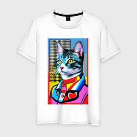 Мужская футболка хлопок с принтом Стильный кот   поп арт в Петрозаводске, 100% хлопок | прямой крой, круглый вырез горловины, длина до линии бедер, слегка спущенное плечо. | 