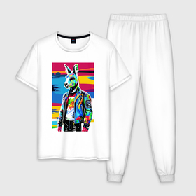Мужская пижама хлопок с принтом Кенгуру модник   поп арт   Австралия в Петрозаводске, 100% хлопок | брюки и футболка прямого кроя, без карманов, на брюках мягкая резинка на поясе и по низу штанин
 | 
