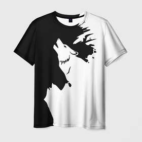 Мужская футболка 3D с принтом Волчий вой в горах , 100% полиэфир | прямой крой, круглый вырез горловины, длина до линии бедер | Тематика изображения на принте: 