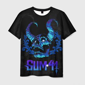 Мужская футболка 3D с принтом Sum41 horns skull в Курске, 100% полиэфир | прямой крой, круглый вырез горловины, длина до линии бедер | 