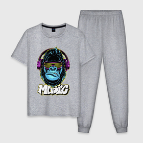 Мужская пижама хлопок с принтом Gorilla music в Санкт-Петербурге, 100% хлопок | брюки и футболка прямого кроя, без карманов, на брюках мягкая резинка на поясе и по низу штанин
 | 