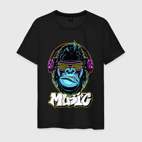 Мужская футболка хлопок с принтом Gorilla music в Новосибирске, 100% хлопок | прямой крой, круглый вырез горловины, длина до линии бедер, слегка спущенное плечо. | Тематика изображения на принте: 
