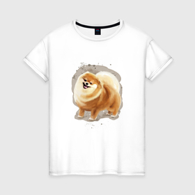 Женская футболка хлопок с принтом Милая собака шпиц в Санкт-Петербурге, 100% хлопок | прямой крой, круглый вырез горловины, длина до линии бедер, слегка спущенное плечо | 