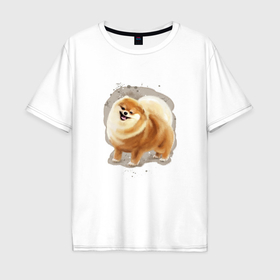 Мужская футболка хлопок Oversize с принтом Милая собака шпиц в Санкт-Петербурге, 100% хлопок | свободный крой, круглый ворот, “спинка” длиннее передней части | Тематика изображения на принте: 