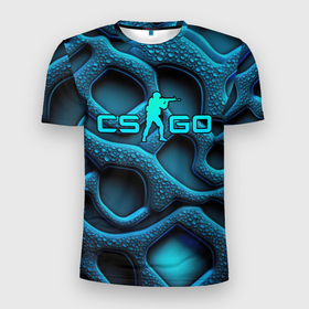 Мужская футболка 3D Slim с принтом CS GO blue neon logo в Белгороде, 100% полиэстер с улучшенными характеристиками | приталенный силуэт, круглая горловина, широкие плечи, сужается к линии бедра | 