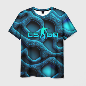 Мужская футболка 3D с принтом CS GO blue neon logo в Санкт-Петербурге, 100% полиэфир | прямой крой, круглый вырез горловины, длина до линии бедер | 
