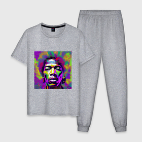 Мужская пижама хлопок с принтом Jimi Hendrix in color Glitch Art в Курске, 100% хлопок | брюки и футболка прямого кроя, без карманов, на брюках мягкая резинка на поясе и по низу штанин
 | 
