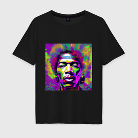 Мужская футболка хлопок Oversize с принтом Jimi Hendrix in color Glitch Art в Санкт-Петербурге, 100% хлопок | свободный крой, круглый ворот, “спинка” длиннее передней части | 