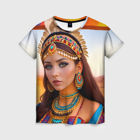 Женская футболка 3D с принтом Индейская девушка в каньоне в Новосибирске, 100% полиэфир ( синтетическое хлопкоподобное полотно) | прямой крой, круглый вырез горловины, длина до линии бедер | Тематика изображения на принте: 