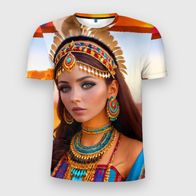 Мужская футболка 3D Slim с принтом Индейская девушка в каньоне в Новосибирске, 100% полиэстер с улучшенными характеристиками | приталенный силуэт, круглая горловина, широкие плечи, сужается к линии бедра | Тематика изображения на принте: 