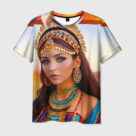 Мужская футболка 3D с принтом Индейская девушка в каньоне в Новосибирске, 100% полиэфир | прямой крой, круглый вырез горловины, длина до линии бедер | Тематика изображения на принте: 