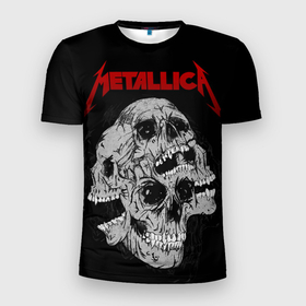 Мужская футболка 3D Slim с принтом Metallica skulls в Курске, 100% полиэстер с улучшенными характеристиками | приталенный силуэт, круглая горловина, широкие плечи, сужается к линии бедра | 