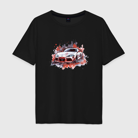 Мужская футболка хлопок Oversize с принтом Тойота Супра и город в Екатеринбурге, 100% хлопок | свободный крой, круглый ворот, “спинка” длиннее передней части | Тематика изображения на принте: 