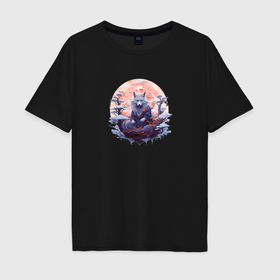 Мужская футболка хлопок Oversize с принтом Японская лиса на небесах в Кировске, 100% хлопок | свободный крой, круглый ворот, “спинка” длиннее передней части | Тематика изображения на принте: 