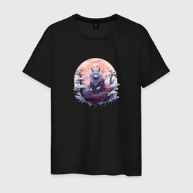 Мужская футболка хлопок с принтом Японская лиса на небесах в Кировске, 100% хлопок | прямой крой, круглый вырез горловины, длина до линии бедер, слегка спущенное плечо. | Тематика изображения на принте: 
