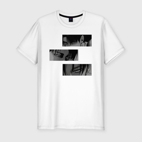 Мужская футболка хлопок Slim с принтом Леви Аккерман в блоках в Курске, 92% хлопок, 8% лайкра | приталенный силуэт, круглый вырез ворота, длина до линии бедра, короткий рукав | Тематика изображения на принте: 