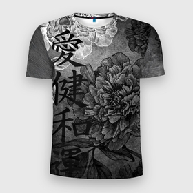 Мужская футболка 3D Slim с принтом Flowers   japanese art в Тюмени, 100% полиэстер с улучшенными характеристиками | приталенный силуэт, круглая горловина, широкие плечи, сужается к линии бедра | 
