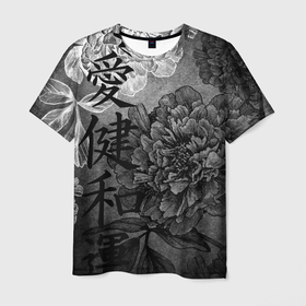 Мужская футболка 3D с принтом Flowers   japanese art в Санкт-Петербурге, 100% полиэфир | прямой крой, круглый вырез горловины, длина до линии бедер | Тематика изображения на принте: 