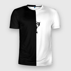 Мужская футболка 3D Slim с принтом Черно белый выглядывающий кот в Белгороде, 100% полиэстер с улучшенными характеристиками | приталенный силуэт, круглая горловина, широкие плечи, сужается к линии бедра | 