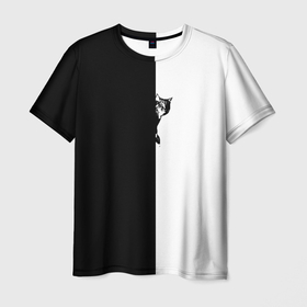 Мужская футболка 3D с принтом Черно белый выглядывающий кот в Белгороде, 100% полиэфир | прямой крой, круглый вырез горловины, длина до линии бедер | 