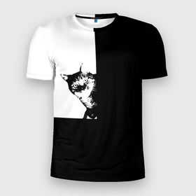 Мужская футболка 3D Slim с принтом Абстракция кот черно белый в Белгороде, 100% полиэстер с улучшенными характеристиками | приталенный силуэт, круглая горловина, широкие плечи, сужается к линии бедра | 