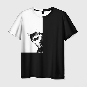 Мужская футболка 3D с принтом Абстракция кот черно белый в Белгороде, 100% полиэфир | прямой крой, круглый вырез горловины, длина до линии бедер | 