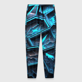 Мужские брюки 3D с принтом Разлом синих неоновых плит в Санкт-Петербурге, 100% полиэстер | манжеты по низу, эластичный пояс регулируется шнурком, по бокам два кармана без застежек, внутренняя часть кармана из мелкой сетки | 