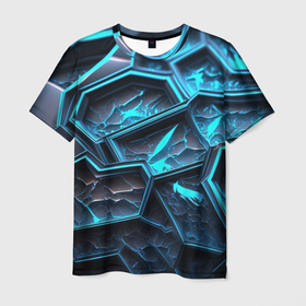 Мужская футболка 3D с принтом Разлом синих неоновых плит в Екатеринбурге, 100% полиэфир | прямой крой, круглый вырез горловины, длина до линии бедер | 
