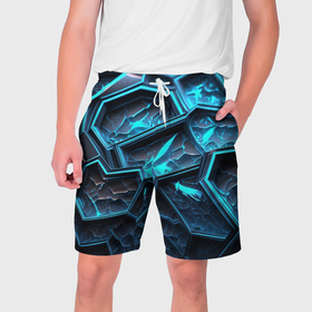 Мужские шорты 3D с принтом Разлом синих неоновых плит в Екатеринбурге,  полиэстер 100% | прямой крой, два кармана без застежек по бокам. Мягкая трикотажная резинка на поясе, внутри которой широкие завязки. Длина чуть выше колен | 