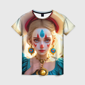 Женская футболка 3D с принтом Девушка арлекин с воздушными шарами в Санкт-Петербурге, 100% полиэфир ( синтетическое хлопкоподобное полотно) | прямой крой, круглый вырез горловины, длина до линии бедер | 