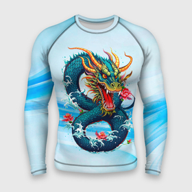 Мужской рашгард 3D с принтом Китайский водяной дракон на синем фоне ,  |  | 