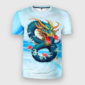 Мужская футболка 3D Slim с принтом Китайский водяной дракон на синем фоне в Новосибирске, 100% полиэстер с улучшенными характеристиками | приталенный силуэт, круглая горловина, широкие плечи, сужается к линии бедра | 