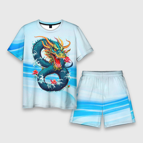 Мужской костюм с шортами 3D с принтом Китайский водяной дракон на синем фоне ,  |  | 