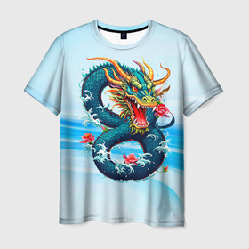 Мужская футболка 3D с принтом Китайский водяной дракон на синем фоне в Тюмени, 100% полиэфир | прямой крой, круглый вырез горловины, длина до линии бедер | 