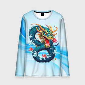Мужской лонгслив 3D с принтом Китайский водяной дракон на синем фоне в Тюмени, 100% полиэстер | длинные рукава, круглый вырез горловины, полуприлегающий силуэт | 