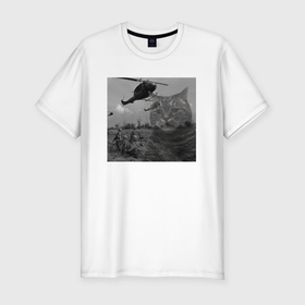 Мужская футболка хлопок Slim с принтом Котик мем вьетнамские флешбеки в Белгороде, 92% хлопок, 8% лайкра | приталенный силуэт, круглый вырез ворота, длина до линии бедра, короткий рукав | 