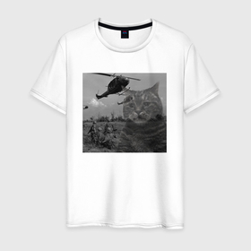 Мужская футболка хлопок с принтом Котик мем вьетнамские флешбеки в Санкт-Петербурге, 100% хлопок | прямой крой, круглый вырез горловины, длина до линии бедер, слегка спущенное плечо. | 