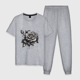Мужская пижама хлопок с принтом роза нарисованная карандашом в Екатеринбурге, 100% хлопок | брюки и футболка прямого кроя, без карманов, на брюках мягкая резинка на поясе и по низу штанин
 | Тематика изображения на принте: 