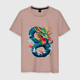Мужская футболка хлопок с принтом Китайский водяной дракон , 100% хлопок | прямой крой, круглый вырез горловины, длина до линии бедер, слегка спущенное плечо. | Тематика изображения на принте: 
