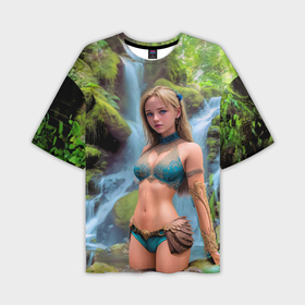 Мужская футболка oversize 3D с принтом Девушка у водопада в тропиках в Екатеринбурге,  |  | 