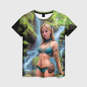Женская футболка 3D с принтом Девушка у водопада в тропиках в Петрозаводске, 100% полиэфир ( синтетическое хлопкоподобное полотно) | прямой крой, круглый вырез горловины, длина до линии бедер | 