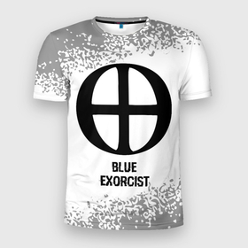 Мужская футболка 3D Slim с принтом Blue Exorcist glitch на светлом фоне в Петрозаводске, 100% полиэстер с улучшенными характеристиками | приталенный силуэт, круглая горловина, широкие плечи, сужается к линии бедра | Тематика изображения на принте: 