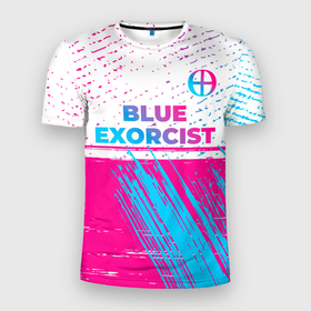 Мужская футболка 3D Slim с принтом Blue Exorcist neon gradient style: символ сверху в Петрозаводске, 100% полиэстер с улучшенными характеристиками | приталенный силуэт, круглая горловина, широкие плечи, сужается к линии бедра | Тематика изображения на принте: 
