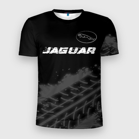 Мужская футболка 3D Slim с принтом Jaguar speed на темном фоне со следами шин: символ сверху в Екатеринбурге, 100% полиэстер с улучшенными характеристиками | приталенный силуэт, круглая горловина, широкие плечи, сужается к линии бедра | 